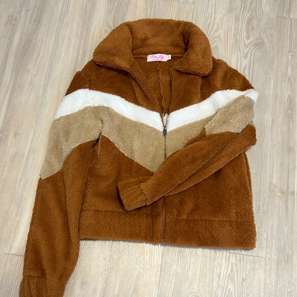 Pink Lily teddy jacket - small, tan striped